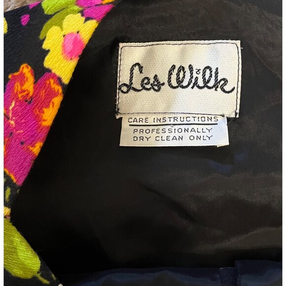 VTG 70’s Les Wilk Wilke 6/8 10 Dress A Line Midi Sundress Black Floral Yellow - Picture 3 of 13